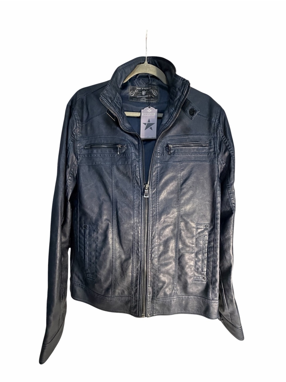 NWT Division B Black Faux  Leather Zip Moto Jacket -Sz Lrg